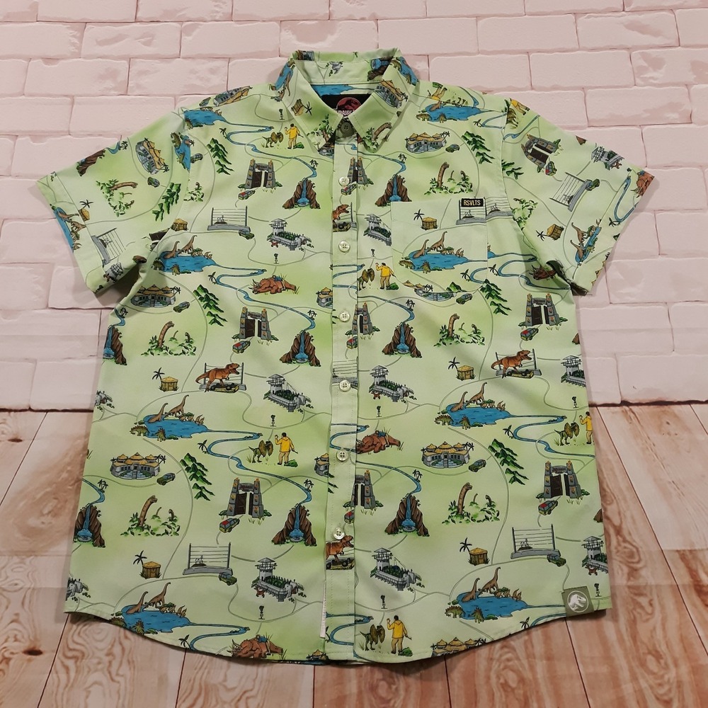 RSVLTS Jurassic Park Park Map Shirt Boys‎ XL All Over Print Green KUNUFLEX